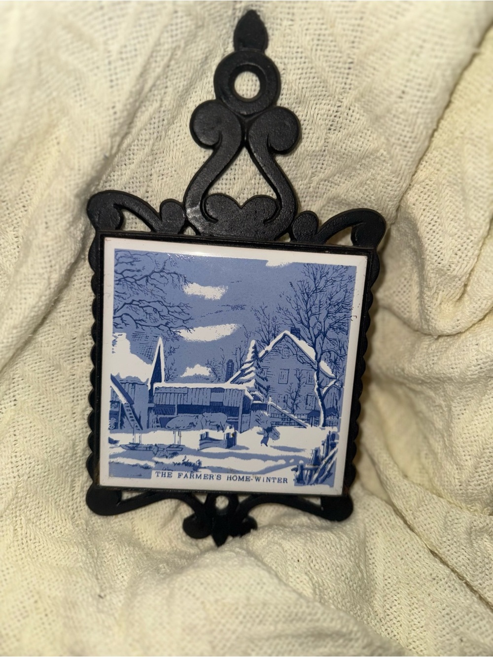 Blue Winter Farm Scene Decorative Currier & Ives Tile with Black cast Iron Easel